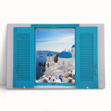 Black and white photograph of Santorini on stretched canvas, ideal for kitchen art.