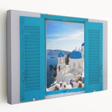 Scenic Santorini landscape on large stretched canvas, featuring blue and white buildings, ideal for kitchen wall art.