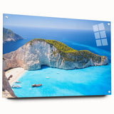 Acrylic print of a serene Greek landscape in soft blue and white tones, ideal for dining room decor.