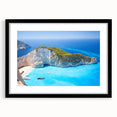 Extra large, colorful abstract art print of a European scenery in Greece, textured on a black framed canvas.