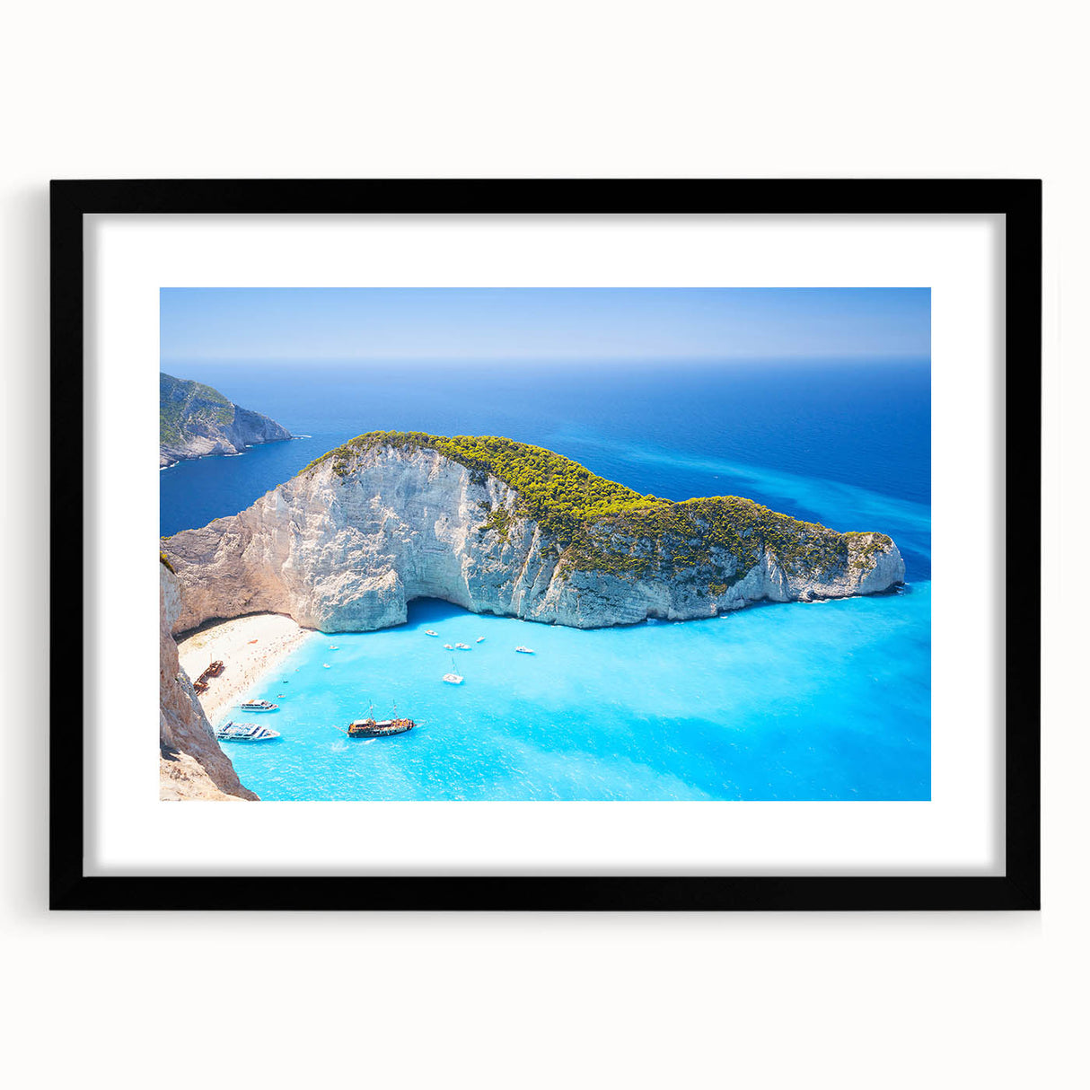 Extra large, colorful abstract art print of a European scenery in Greece, textured on a black framed canvas.