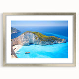 Extra large abstract art print featuring textured scenery of Greece in muted earth tones, framed in silver.