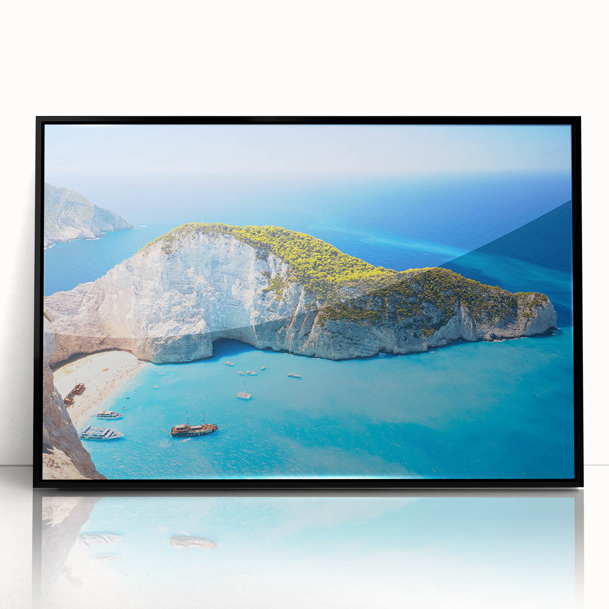 Large abstract wall art depicting a European Greece scenery in muted blue and white tones on framed acrylic.