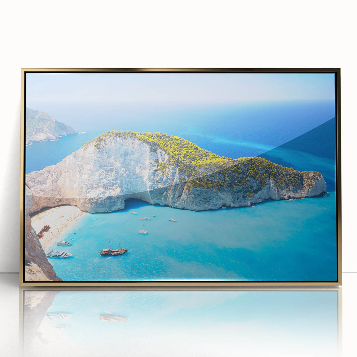Art deco poster of a European Greek scenery in gold tones on a framed acrylic, ideal for modern art wall decor.