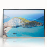 Framed acrylic print of a serene Greek landscape in muted earth tones, ideal for modern art wall decor.