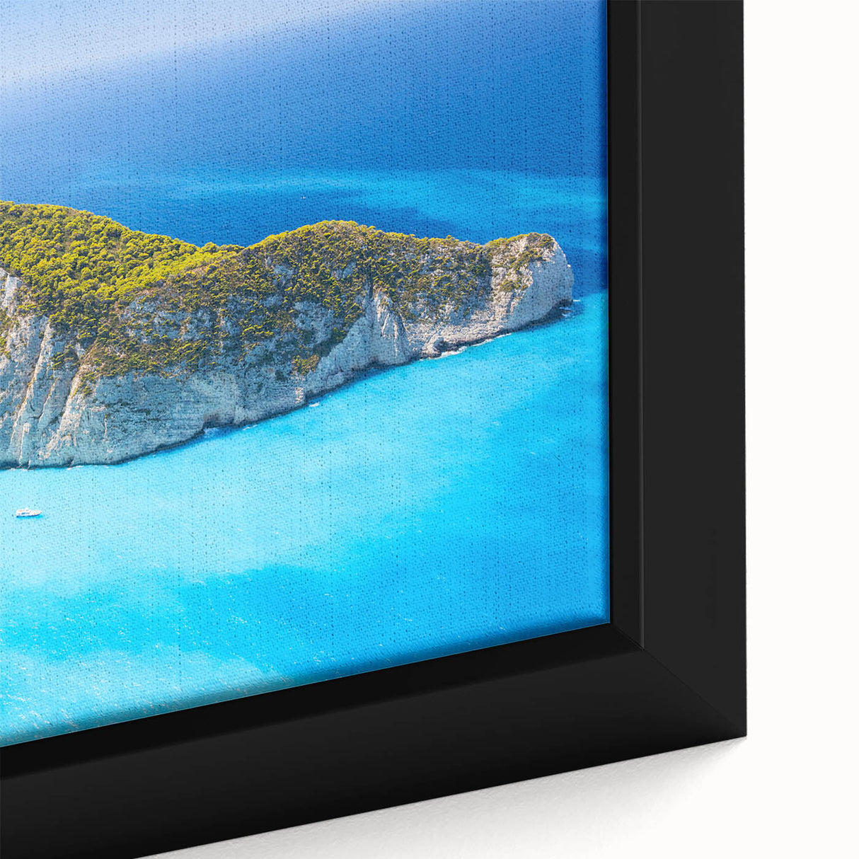 Extra large framed canvas featuring a textured depiction of a Greek landscape in black with colorful accents.