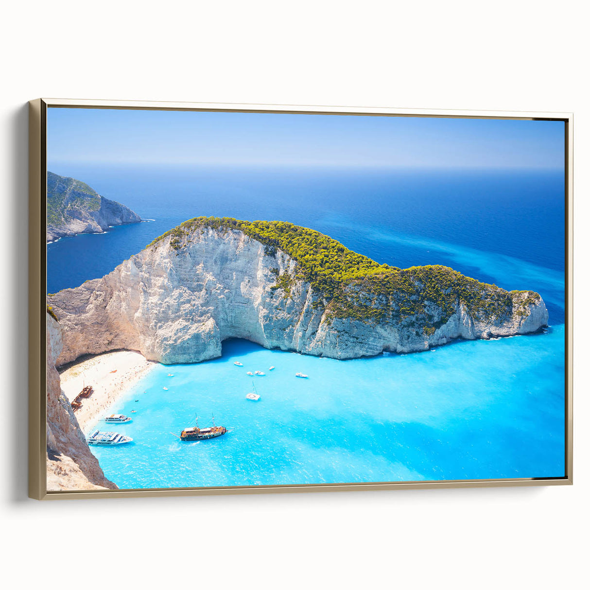 Framed canvas of a vintage-style Greek landscape in muted gold and black tones, ideal for bedroom wall decor.
