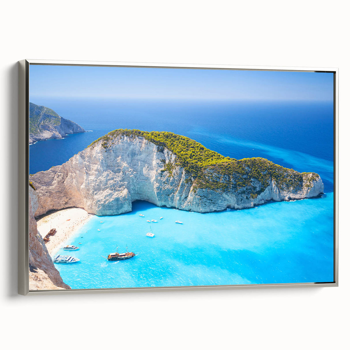Framed canvas depicting a vintage-style Greek landscape in vibrant colors, ideal for living room decor.