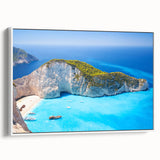Vintage poster art depicting a scenic view of Greece on a framed canvas, ideal for living room decor.