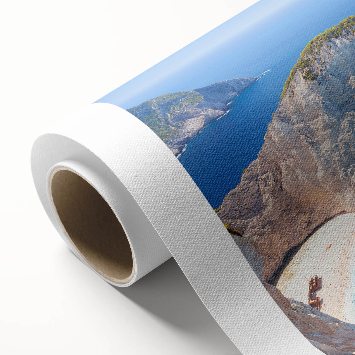 Art deco poster of a Greek landscape on rolled canvas, featuring soft pastel colors, ideal for nursery wall art.