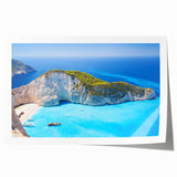 Muted blue and white Greek coastal landscape on rolled canvas, ideal for art wall dining room.