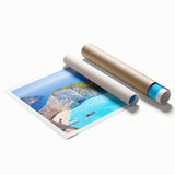 Extra large rolled print of a serene Greek landscape in soft pastel colors, ideal for classy bathroom wall art.