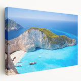 Large art print of a European Greek coastline on stretched canvas, featuring blue and white tones.