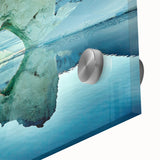 Large abstract wall art depicting Greenland's scenery in muted green and blue tones on acrylic glass.