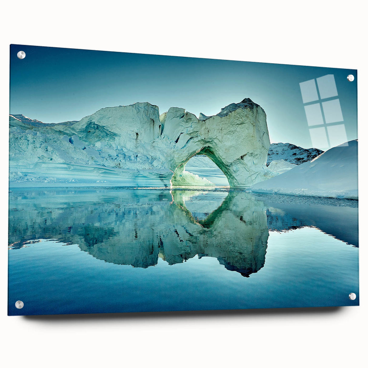 Acrylic print of a Greenland landscape in muted green and blue tones, suitable for bedroom or dining room decor.
