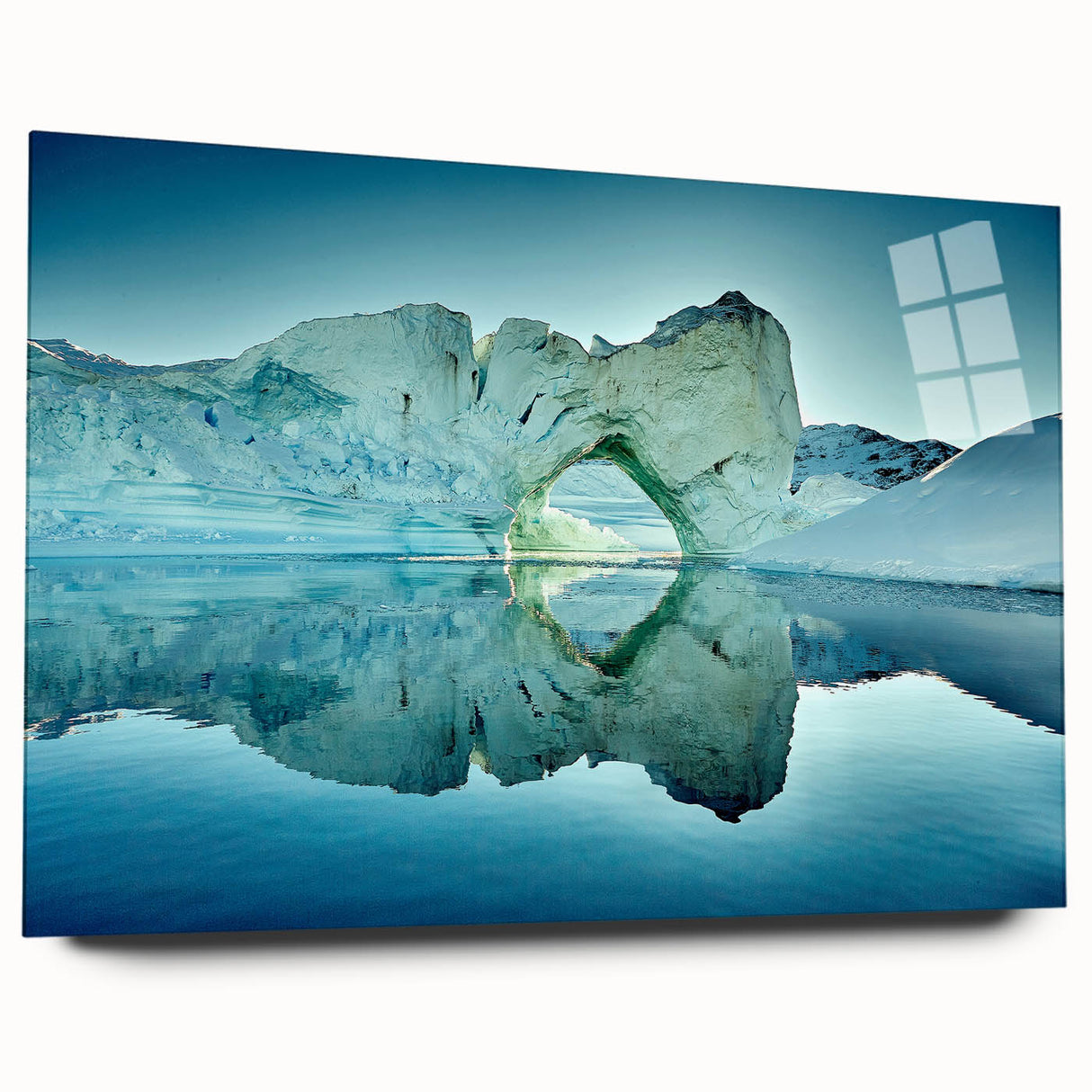 Large abstract wall art print of a Greenland scenery in muted green and blue tones on acrylic glass.