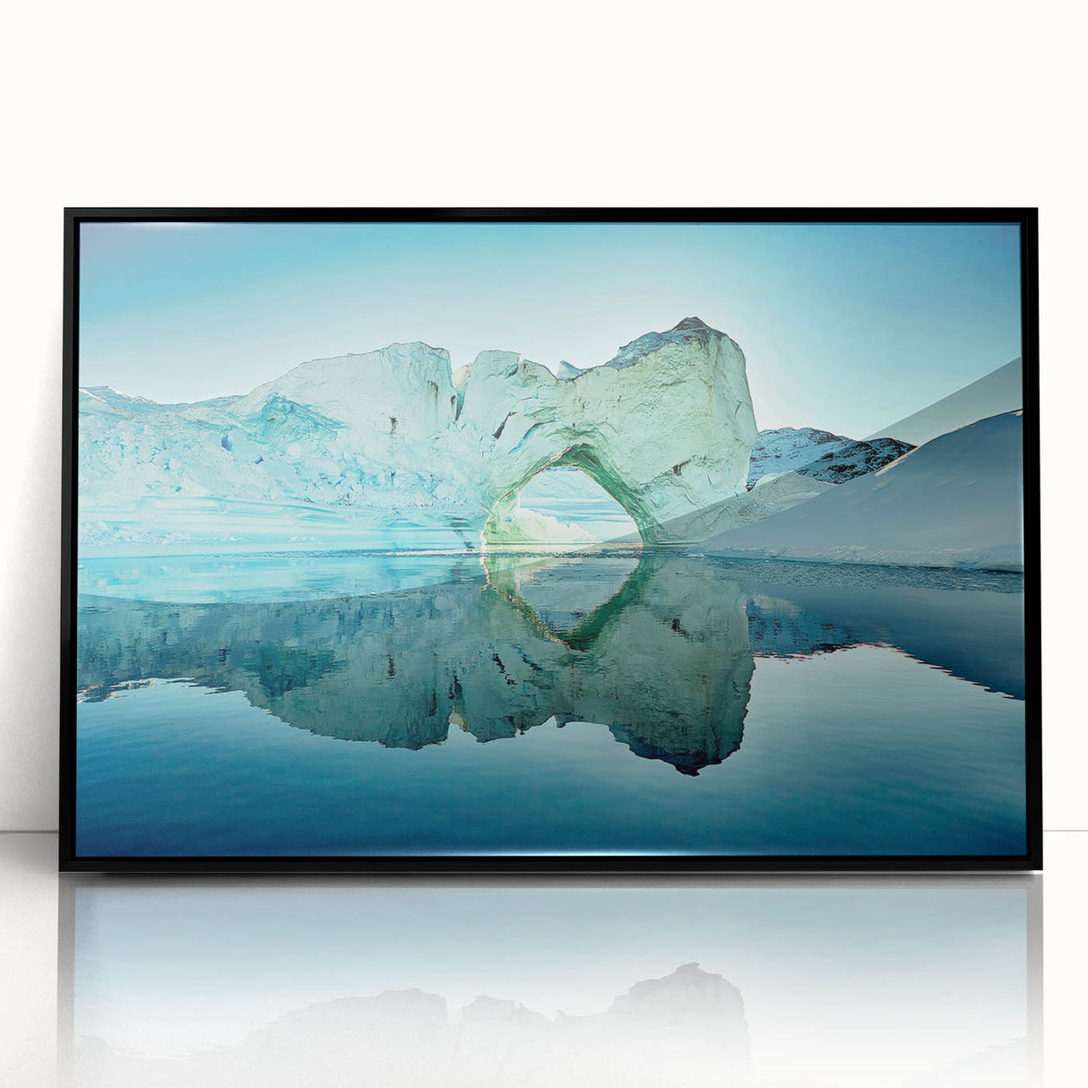 Large abstract wall art depicting a Greenlandic landscape in muted green and blue shades, framed in black acrylic.