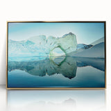 Art deco poster of a Greenland scenery in muted green and gold tones on framed acrylic, suitable for modern nursery wall art.