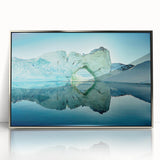 Large art print of a serene Greenland landscape in acrylic, with muted green and blue tones, framed in silver.