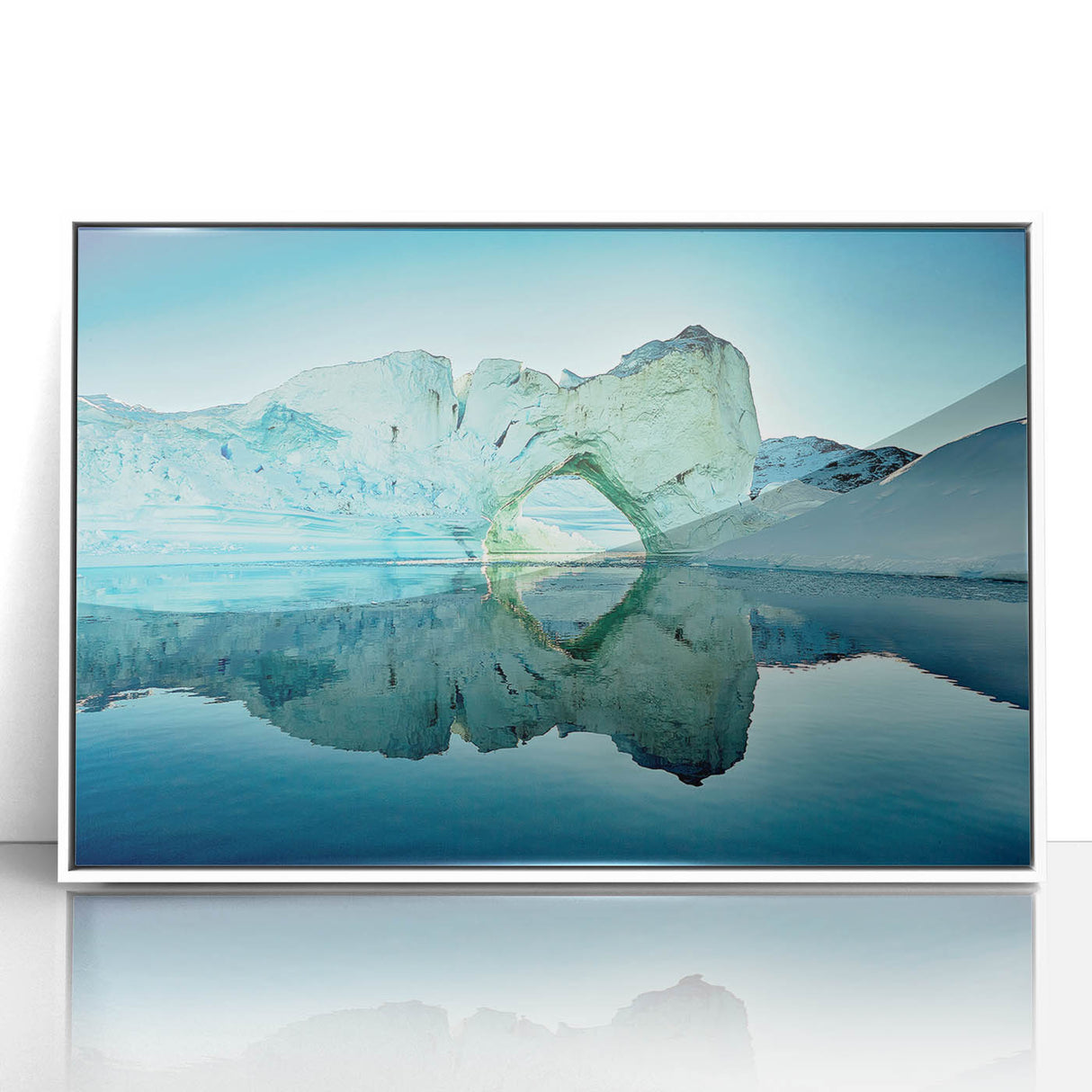 Mid-century modernist art depicting Greenland scenery on framed acrylic, with muted green and white tones.