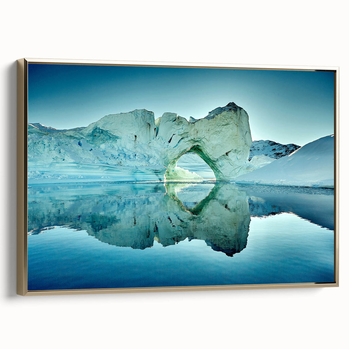 Framed canvas featuring a vintage-style Greenland landscape in muted greens and blacks, ideal for bedroom wall decor.