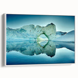 Vintage poster art of a Greenland scenery on framed canvas, featuring muted green and white tones.