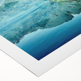 Art deco poster of a Greenland landscape on rolled canvas, featuring muted green and blue tones.