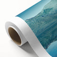 Art deco poster of Greenland scenery on rolled canvas, featuring muted green and blue tones, ideal for nursery wall art.