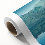 Art deco poster of Greenland scenery on rolled canvas, featuring muted green and blue tones, ideal for nursery wall art.