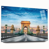 Acrylic print of a European cityscape in muted gray and blue tones, suitable for dining room or bedroom decor.
