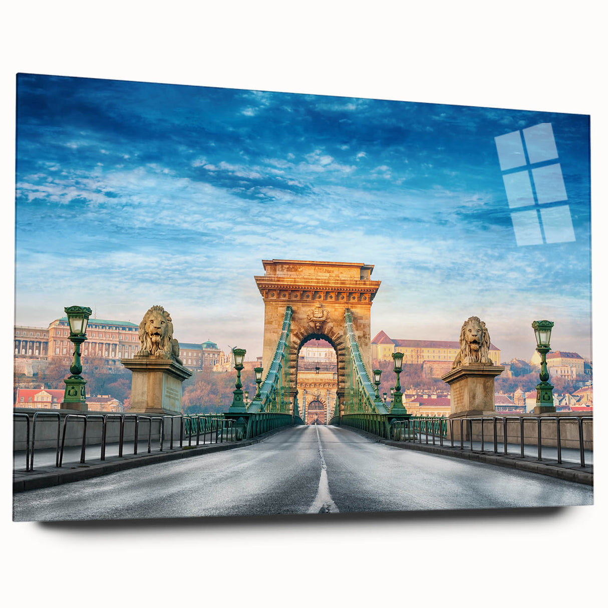 Acrylic print of a large abstract depiction of a European cityscape in muted earth tones.