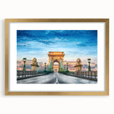 Abstract art print of a European scenery in Hungary, featuring muted earth tones, framed in gold.