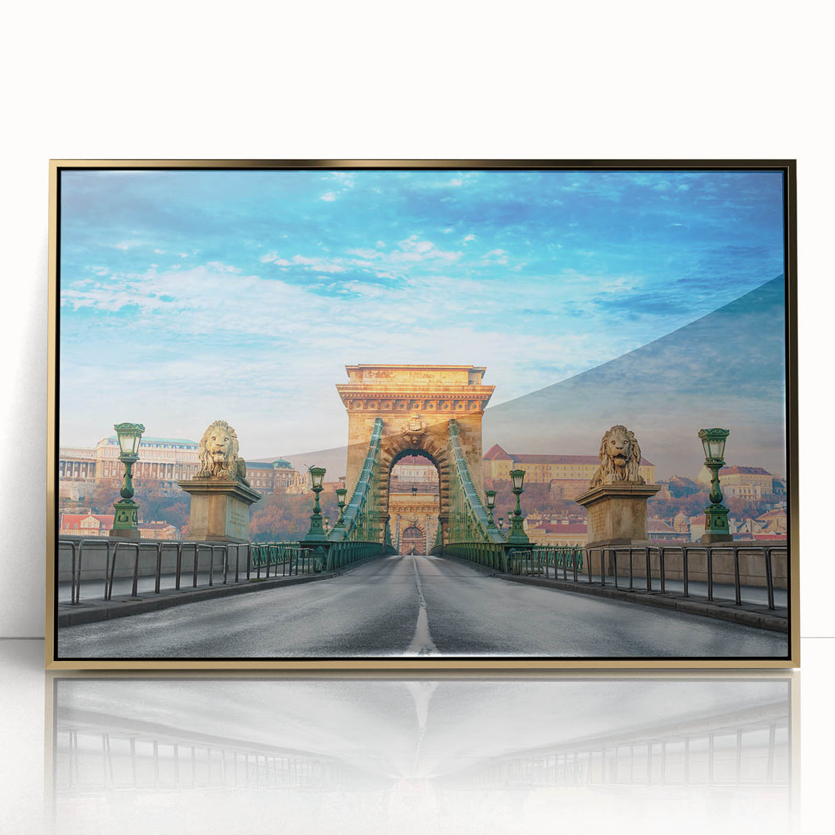 Art deco poster of a European cityscape in gold and black tones, acrylic framed, ideal for modern art wall decor.