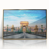 Art deco poster of a European cityscape in gold and black tones, acrylic framed, ideal for modern art wall decor.