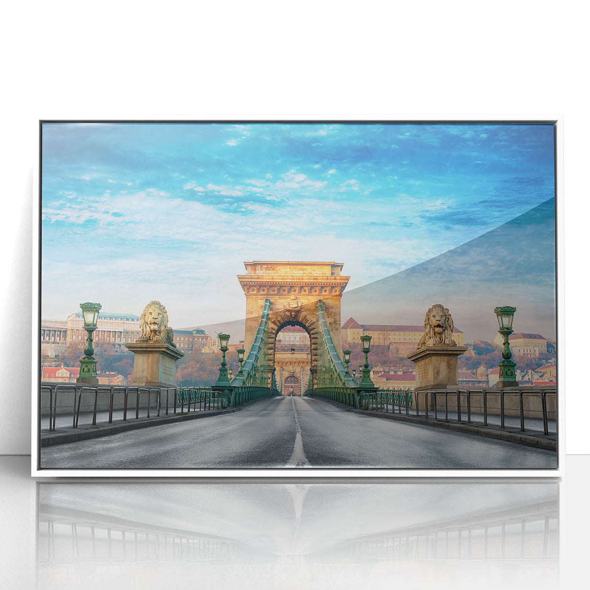Mid-century modernist art depicting a European cityscape in muted colors on framed acrylic, suitable for nursery wall art.