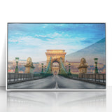 Mid-century modernist art depicting a European cityscape in muted colors on framed acrylic, suitable for nursery wall art.