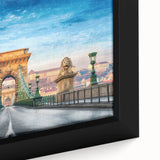 Black wall art featuring a textured scene of a European city in Hungary, with colorful accents on a framed canvas.