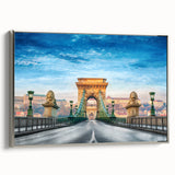 Landscape art painting of a European scenery on framed canvas, featuring muted colors with black accents.