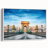 Vintage poster art of a scenic European landscape, rendered in colorful hues on a large framed canvas.