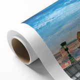 Rolled canvas with art deco style depiction of a Hungarian landscape, using pastel colors, ideal for nursery wall art.