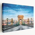 Large art depicting a European scenery in Hungary on stretched canvas, featuring earthy green and blue tones.