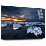 Large abstract wall art depicting a serene Iceland landscape in muted blue and gray tones on acrylic glass.