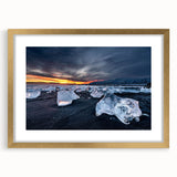 Abstract art print of a serene Icelandic landscape in muted blue and gray tones, framed with a gold mat.