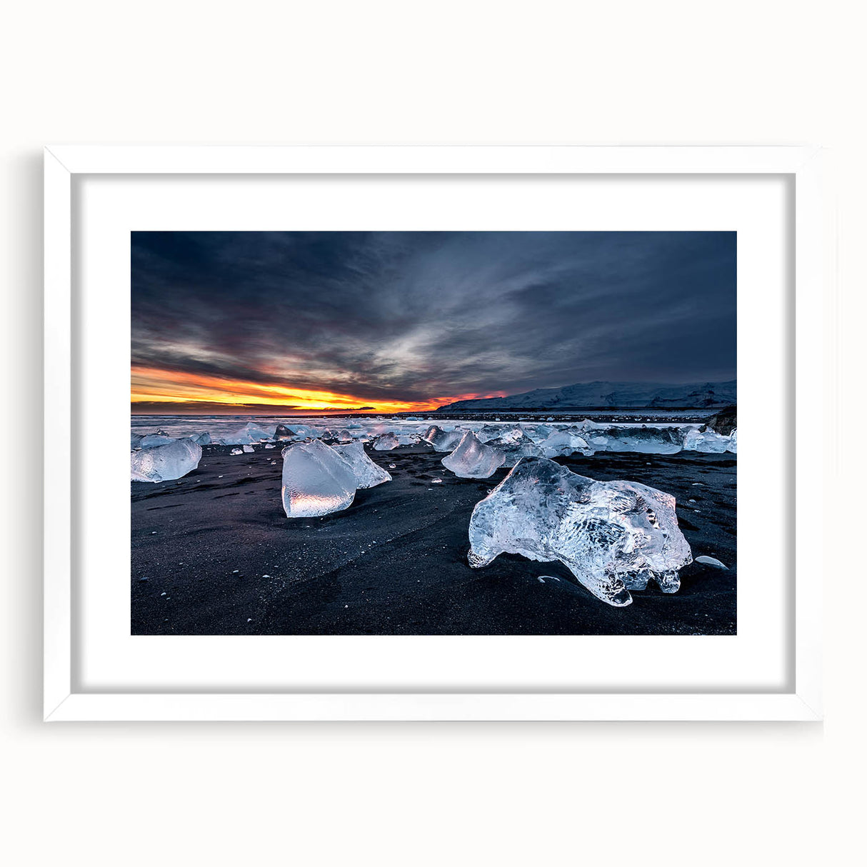 Textured art print of an abstract Icelandic landscape in muted grays and blues, framed with a white mat.