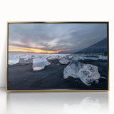 Acrylic print of a serene Icelandic landscape in muted blues and greens, framed in gold, suitable for modern art wall decor.