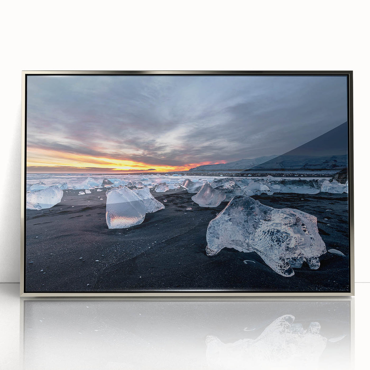 Framed acrylic print of a serene Icelandic landscape in cool blue and gray tones, ideal for modern art wall decor.