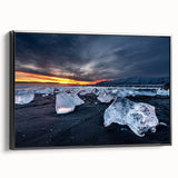 Black and white framed canvas of a vintage-style Icelandic landscape, ideal for bedroom wall art.