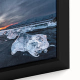 Textured black wall art depicting a vibrant Icelandic landscape on a large framed canvas, ideal for living room decor.