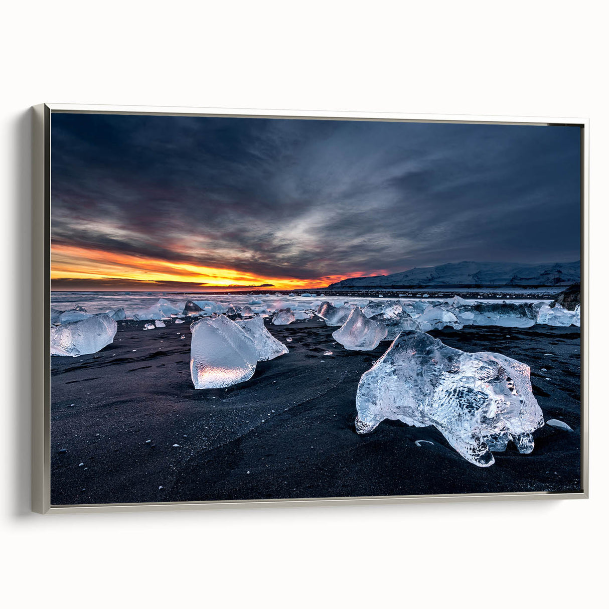 Framed canvas featuring a vintage-style landscape painting of Iceland, with muted earth tones and a black border.