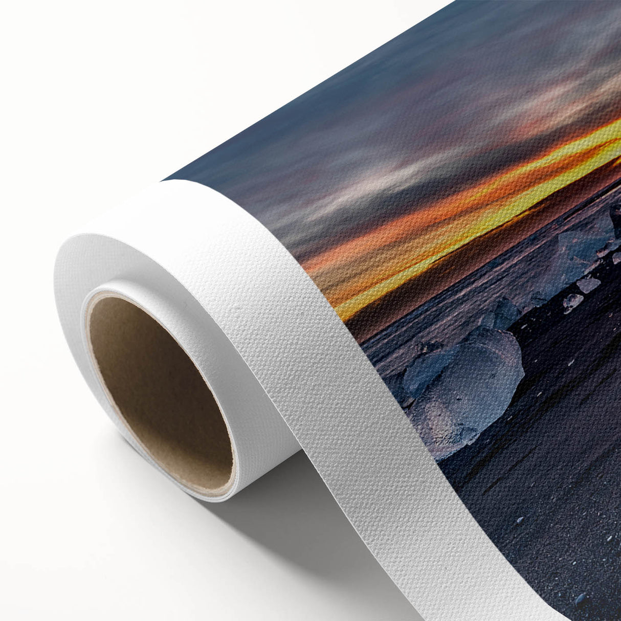 Art deco poster of Icelandic scenery in muted blue and green tones on rolled canvas, suitable for nursery wall art.